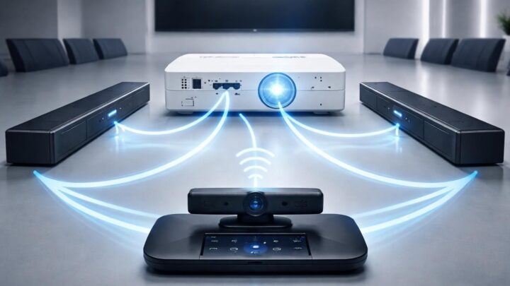 Connecter : vidéoprojecteur Acer + barres son + visio schéma sans latence