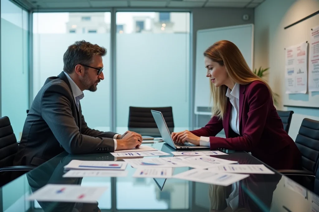 Deux professionnels du marketing collaborant autour de données IA dans une salle de réunion d'agence parisienne