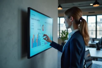 Femme cadre marketing analysant un tableau de bord IA dans un bureau parisien moderne avec visualisations de données