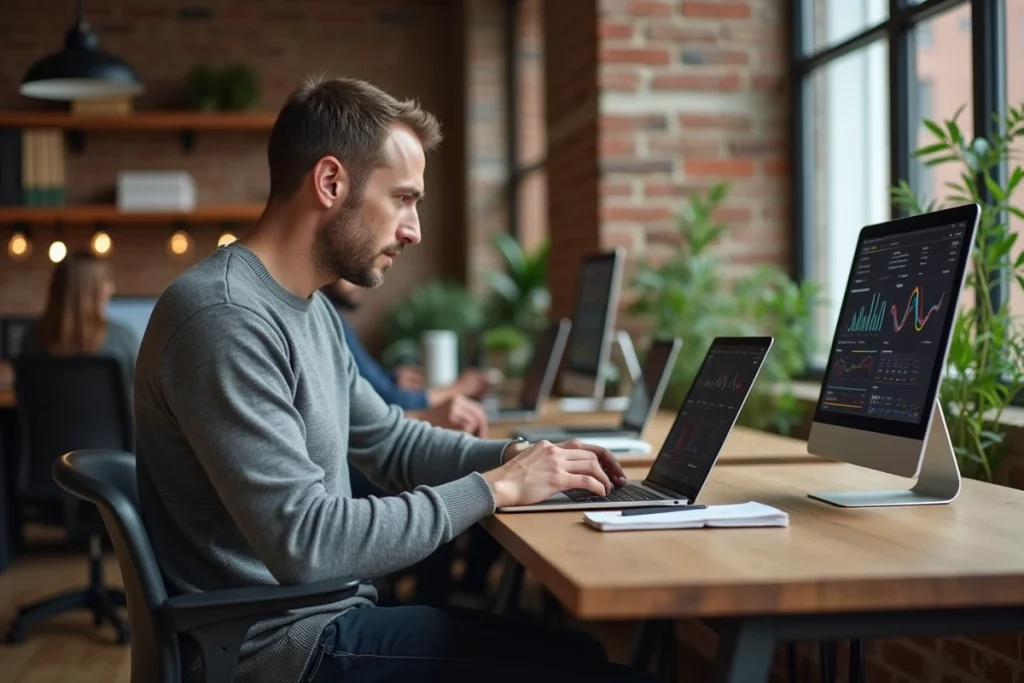 Professionnel masculin concentré sur une interface d'automatisation marketing IA dans un espace de co-working parisien