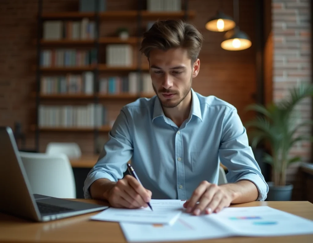 Jeune stagiaire préparant ses arguments de négociation de rémunération à son bureau dans un espace de coworking