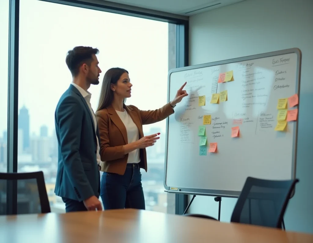 Deux stagiaires préparant ensemble une stratégie de négociation sur un tableau blanc dans une salle de réunion d'entreprise