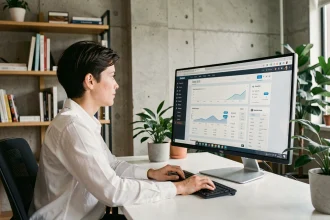 Responsable e-commerce analysant les résultats d'un site internet créé par une agence web dans un bureau moderne en 2026