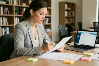 Femme analysant des verbatims clients annotés sur papier dans un bureau moderne