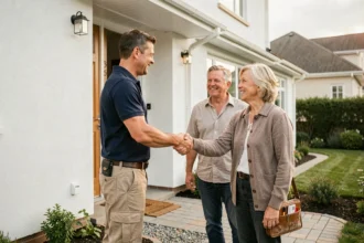 Artisan ProxiChantier serrant la main de clients satisfaits devant une maison rénovée, illustration de la fidélisation client après un premier chantier réussi