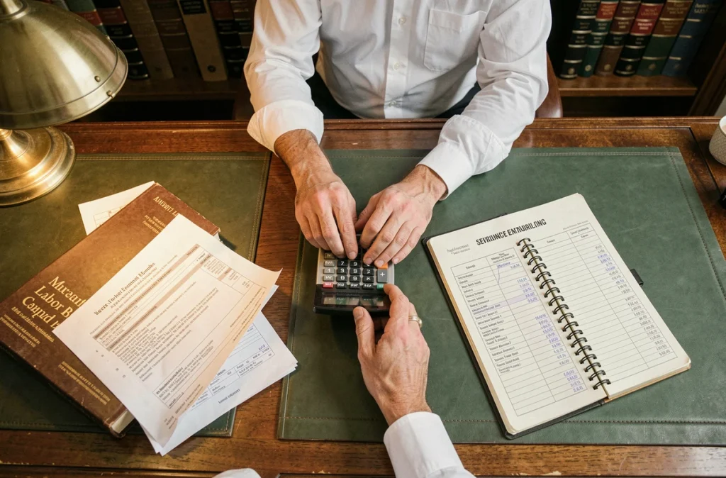 Avocat spécialisé en droit du travail calculant une indemnité de licenciement à l'aide d'une calculatrice entourée de documents juridiques et de fiches de salaire