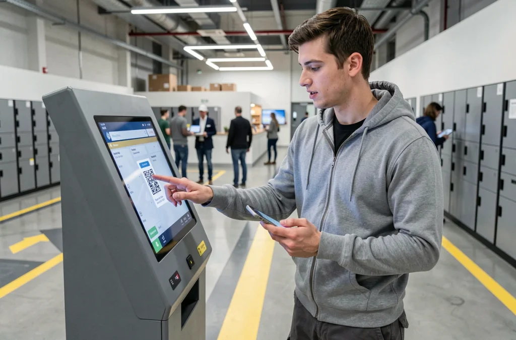 Jeune homme utilisant un terminal libre-service pour retirer un colis au Hub Lieusaint
