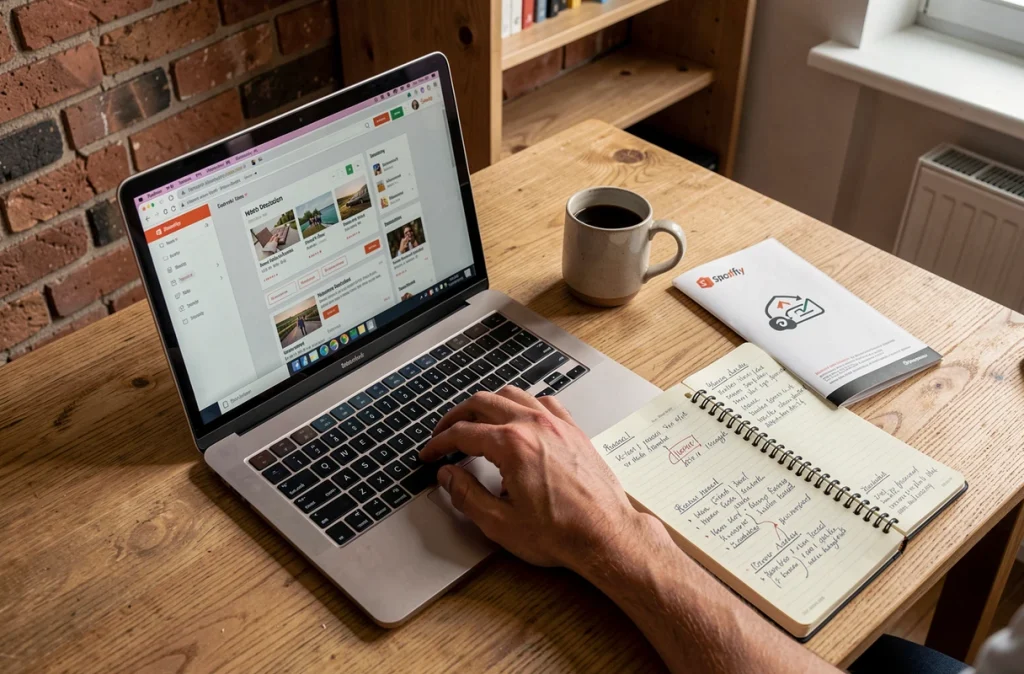 Bureau d'un développeur web avec laptop affichant un back-office e-commerce, notes de stratégie et brochure d'agence digitale