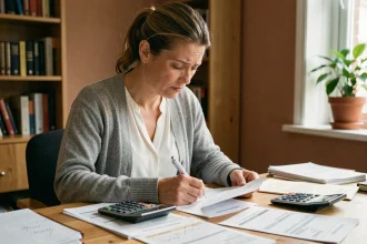 Femme calculant ses heures de travail à temps partiel sur des documents imprimés dans un bureau à domicile