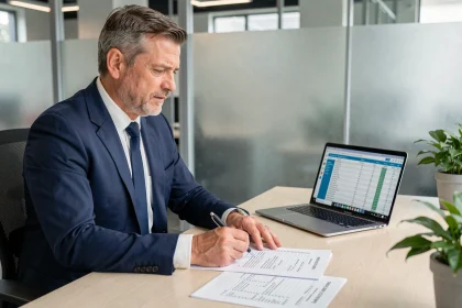 Responsable RH en costume bleu marine calculant une indemnité de licenciement sur des documents contractuels dans un bureau d'entreprise moderne