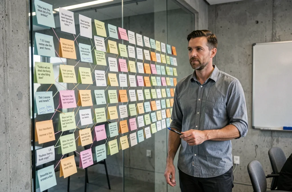 Chercheur UX debout devant un mur d'analyse de verbatims avec cartes colorées et citations