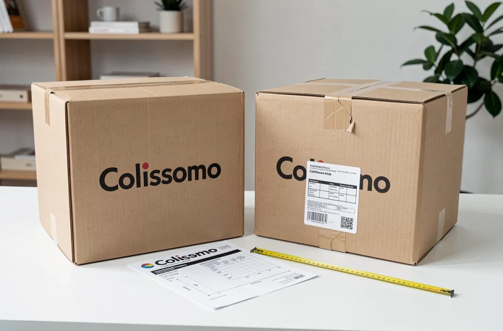 Comparaison de tailles de boîtes Colissimo avec guide des dimensions maximales autorisées pour l'envoi en France