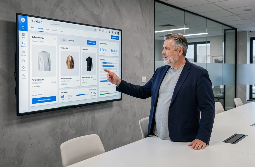 Consultant d'agence web présentant les indicateurs de performance d'un site e-commerce sur écran tactile en salle de réunion