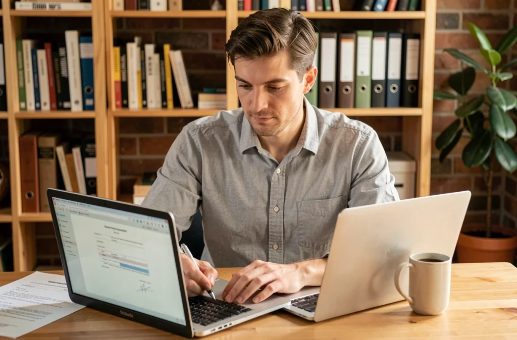 Consultant indépendant rédigeant un contrat de prestation de service sur ordinateur portable dans un bureau à domicile