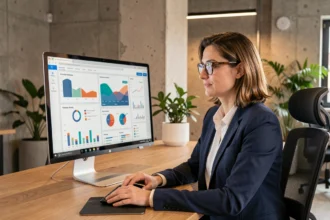 Consultante en stratégie digitale analysant des tableaux de bord analytics dans une agence moderne à Toulouse