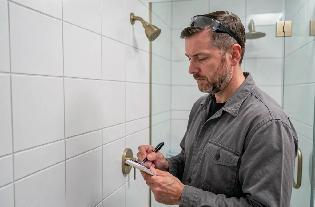 Artisan effectuant un contrôle qualité minutieux dans une salle de bain rénovée, illustrant le professionnalisme de ProxiChantier pour fidéliser les clients après un premier chantier
