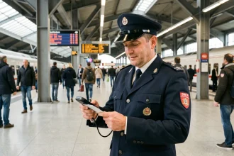Contrôleur SNCF en uniforme vérifiant un billet de train sur un quai de gare TGV