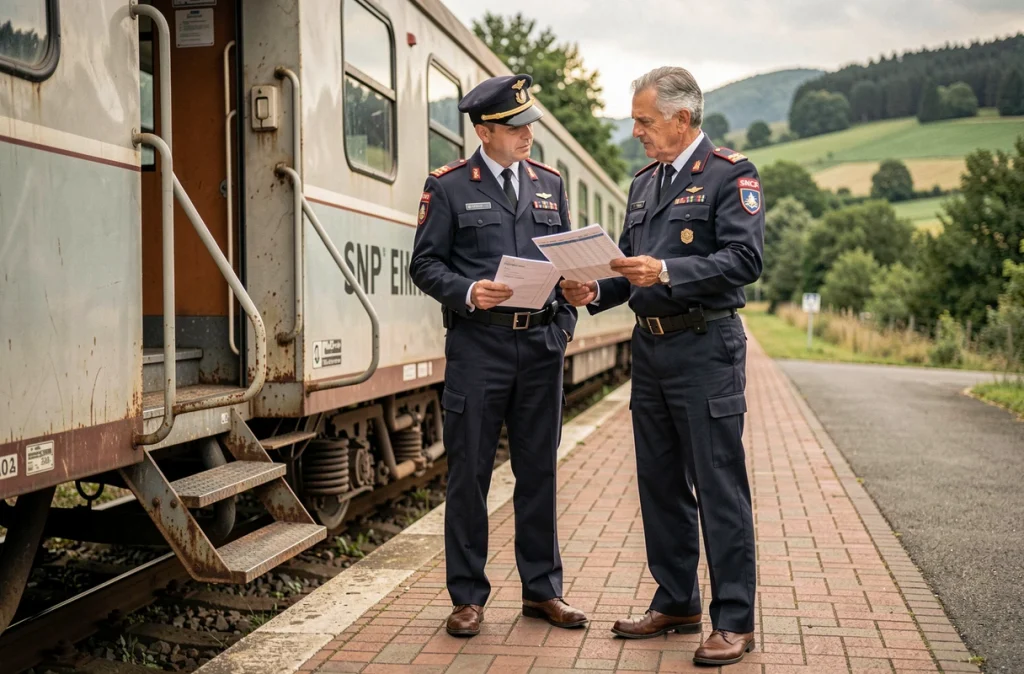 Deux contrôleurs SNCF de générations différentes échangeant sur le quai d'une gare régionale française