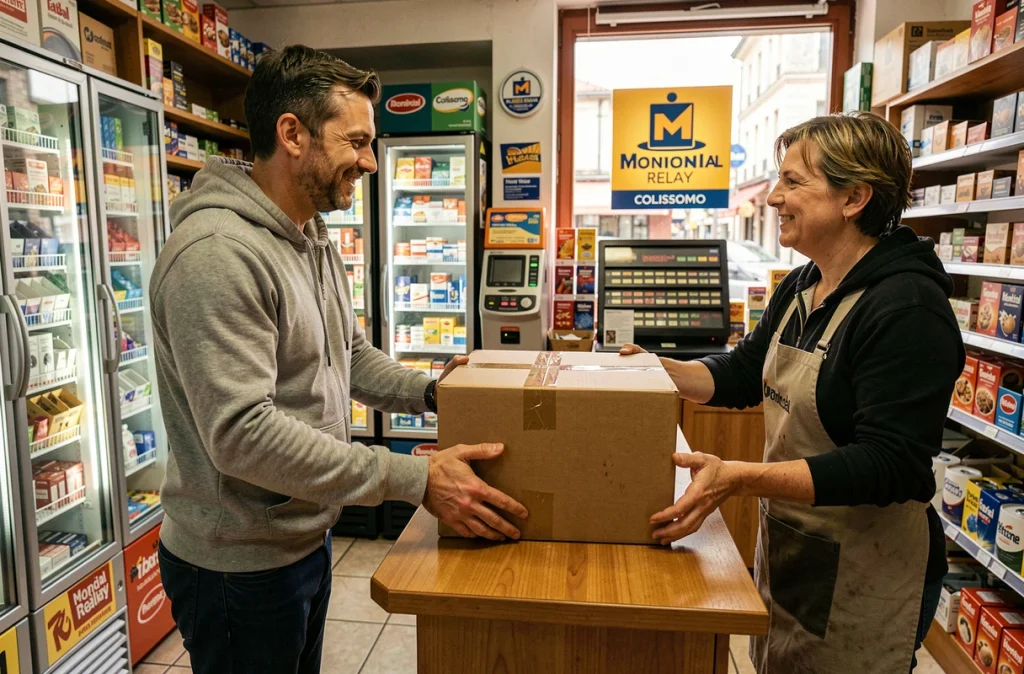 Client déposant un grand colis dans un point relais Colissimo chez un commerçant en France