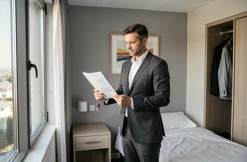 Directeur d'hôtel tenant un contrat de logement de fonction dans une chambre de personnel meublée et fonctionnelle