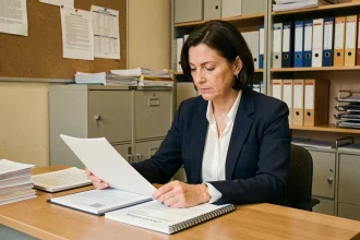 Directrice d'école consultant des registres officiels Berger Levrault dans un bureau administratif scolaire