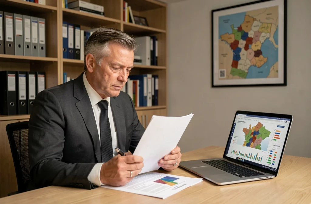 Dirigeant analysant un rapport d'indicateurs économiques territoriaux pour convaincre des investisseurs