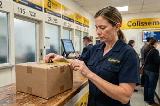 Employée de La Poste mesurant un grand colis Colissimo au guichet d'un bureau de poste en France