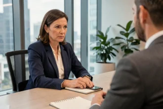 Femme en réunion professionnelle avec un smartphone posé discrètement sur le bureau, illustrant la question de l'enregistrement d'une conversation au bureau
