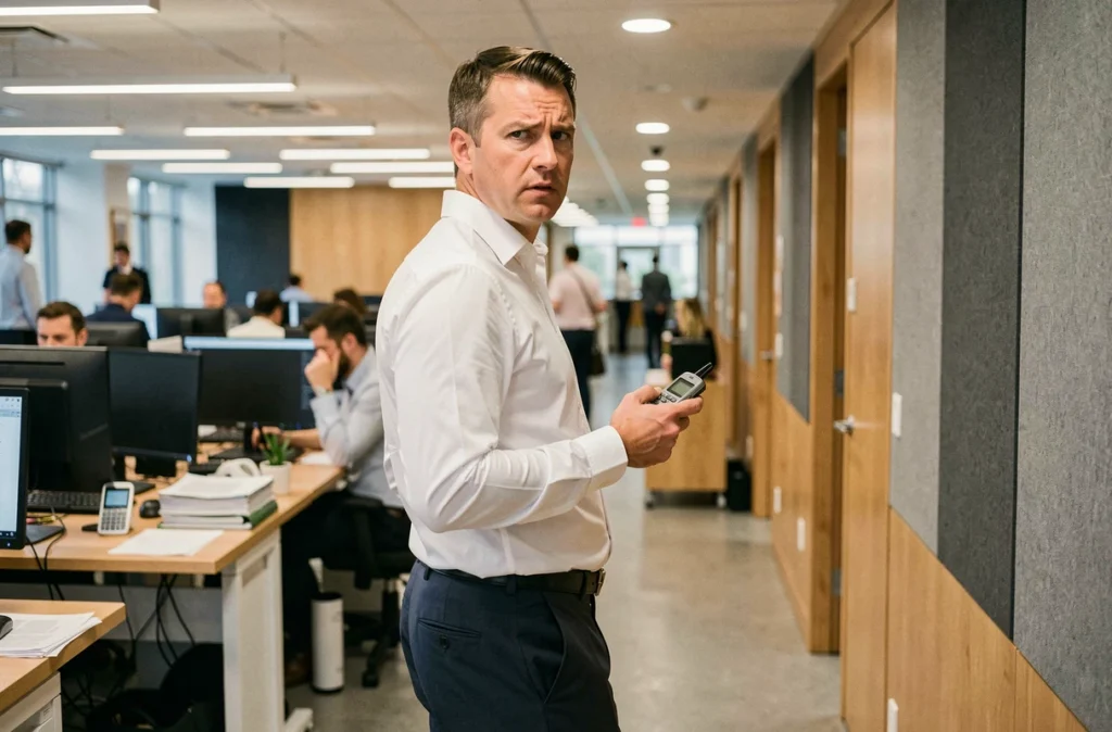 Homme tenant un enregistreur vocal dans un bureau open-space, évoquant les enjeux légaux de l'enregistrement de conversations professionnelles