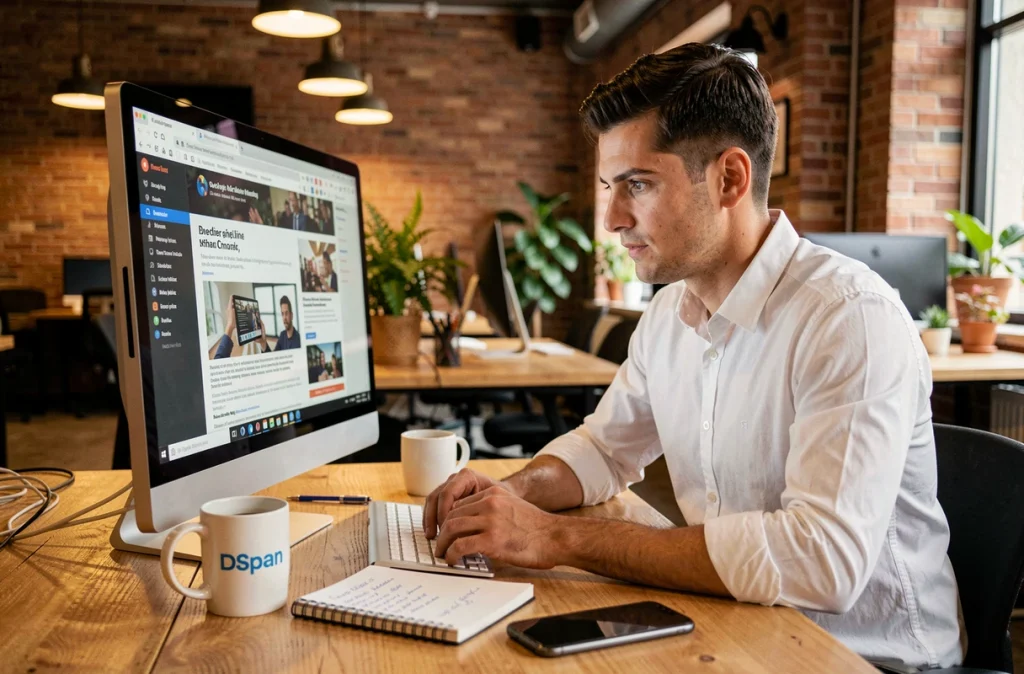 Entrepreneur lisant un article de média B2B sur son ordinateur dans un espace de coworking moderne