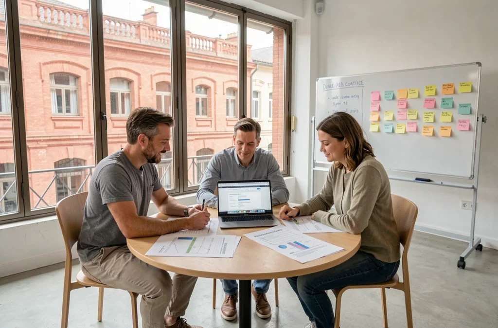 Équipe marketing collaborant sur une feuille de route digitale dans un espace de co-working à Toulouse