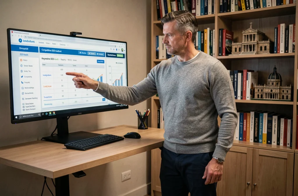 Expert en référencement local présentant un audit SEO pour une entreprise toulousaine dans un bureau professionnel