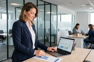 Femme d'affaires analysant des données de ventes B2B dans un bureau moderne avec tableaux de bord et graphiques