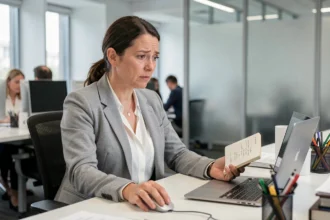 Femme en blazer gris consultant son ordinateur portable au bureau pour retrouver ses identifiants de connexion après un congé prolongé