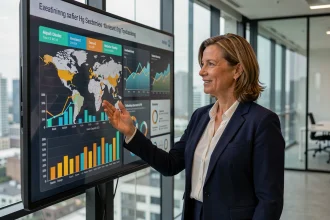 Femme cadre présentant des indicateurs économiques territoriaux sur un écran interactif dans un bureau moderne