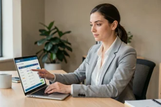 Femme professionnelle consultant ses bulletins de paie sur un logiciel RH depuis son bureau