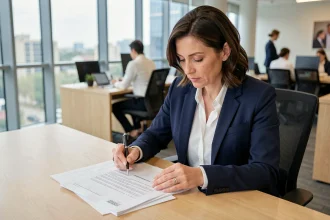 Femme professionnelle en blazer marine relisant et annotant un contrat de prestation de service dans un bureau moderne
