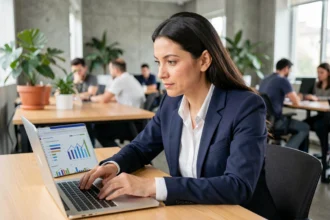 Femme en reconversion professionnelle travaillant sur un ordinateur portable dans un espace de coworking moderne, exprimant concentration et détermination