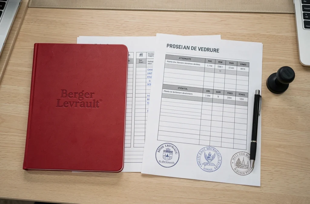 Fournitures essentielles Berger Levrault pour écoles publiques disposées en flat-lay sur un bureau institutionnel