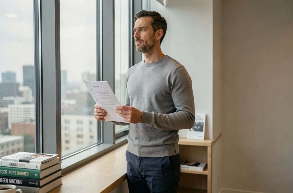 Homme en pleine réflexion sur sa reconversion professionnelle tenant un CV devant une fenêtre de bureau avec vue sur la ville