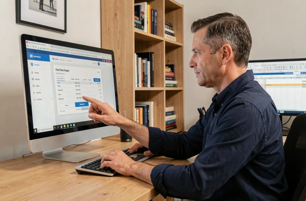 Homme téléchargeant son bulletin de paie en PDF depuis un portail RH sur ordinateur de bureau