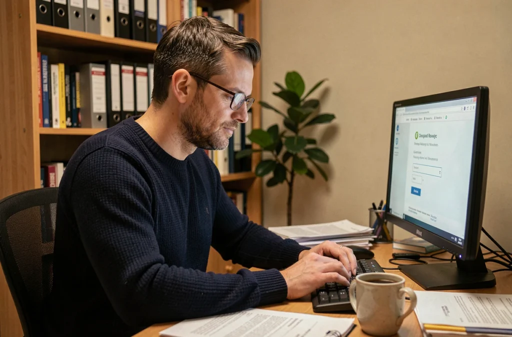 Homme en télétravail en train de récupérer ses identifiants GPNet AF sur un ordinateur de bureau à domicile après une longue absence