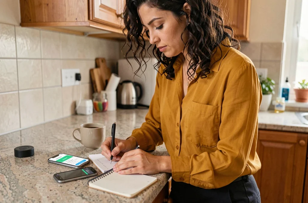 Jeune femme notant ses heures de travail à temps partiel dans un carnet avec son smartphone dans une cuisine