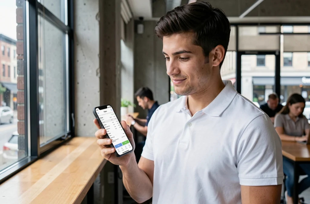 Jeune professionnel consultant son bulletin de paie sur l'application mobile RH depuis un espace de coworking