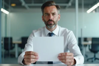 Employé lisant une lettre de licenciement pour faute grave dans un bureau professionnel