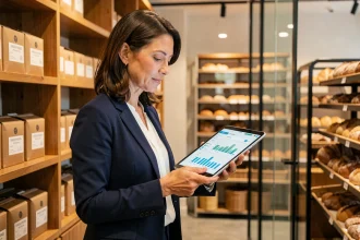 Manager d'une boulangerie Marie Blachère consultant l'intranet sur une tablette dans l'arrière-boutique