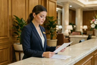 Réceptionniste d'hôtel en blazer marine consultant un document au bureau d'accueil en marbre d'un hôtel de luxe