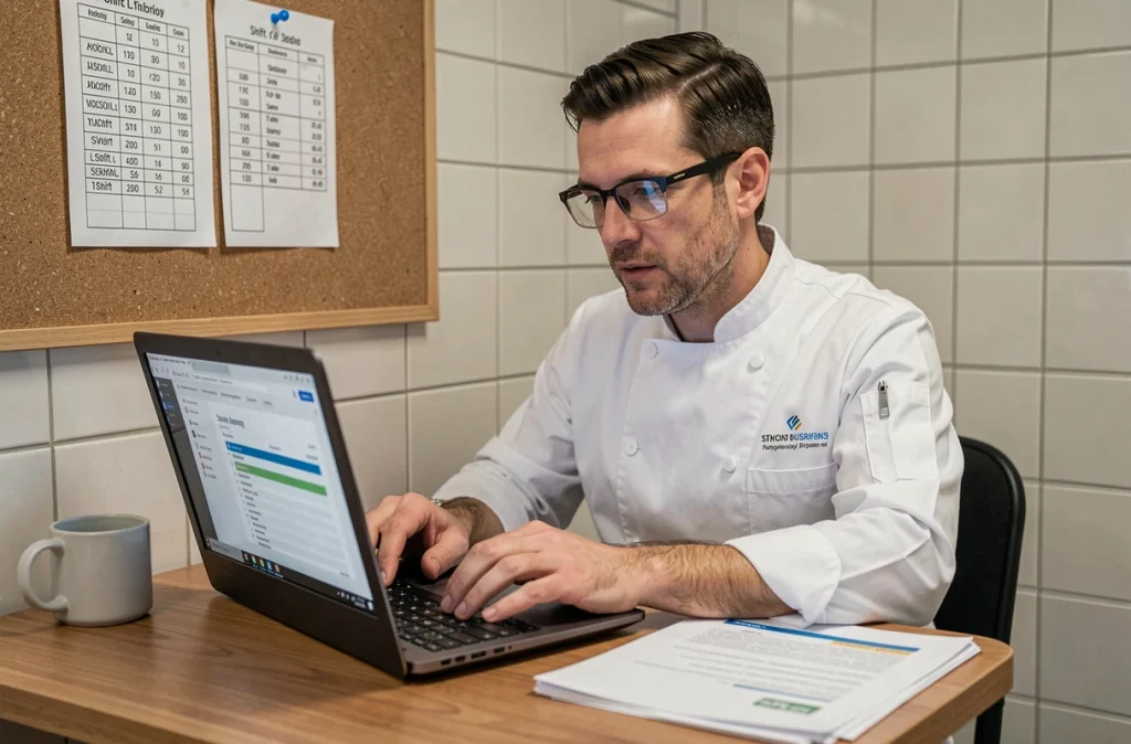 Responsable de boulangerie en uniforme blanc analysant les ventes sur un ordinateur portable dans la salle du personnel