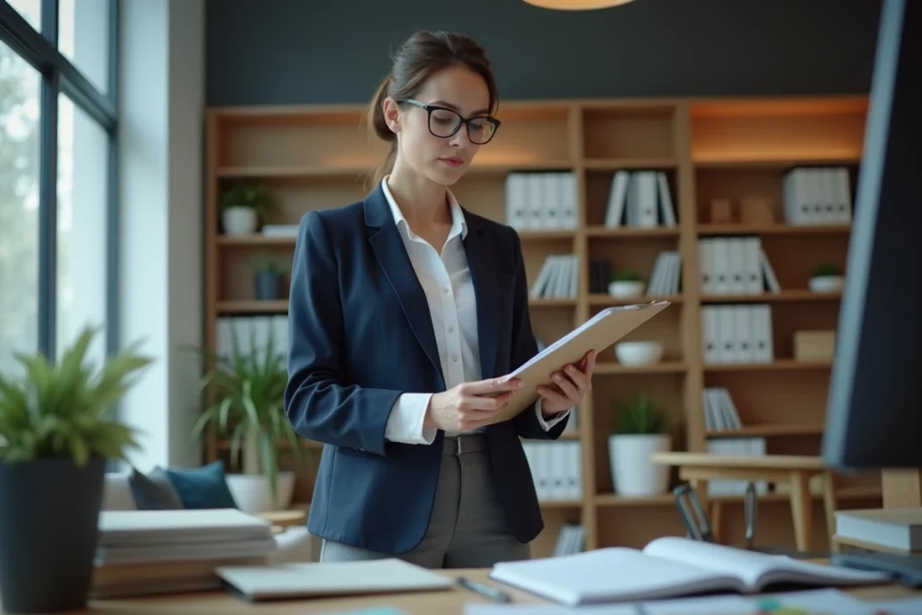 Responsable RH examinant un dossier de licenciement pour faute grave dans un bureau