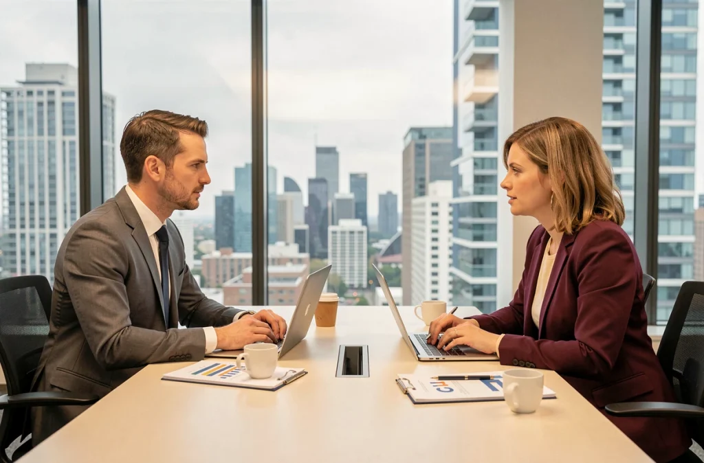Deux professionnels en réunion de stratégie commerciale B2B avec ordinateurs portables dans une salle de conférence moderne